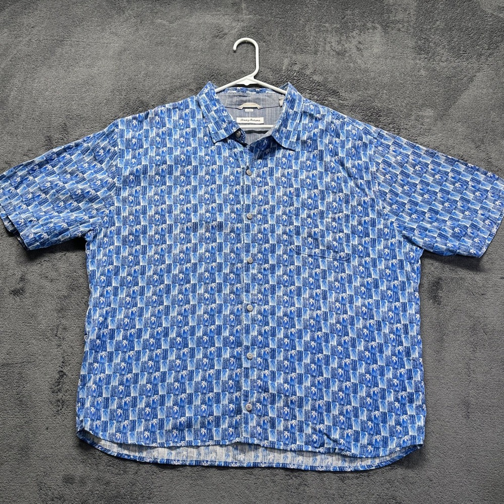 Tommy Bahama Button Down Shirt Mens XXXL Blue Palm Tree Checkered Short Sleeve